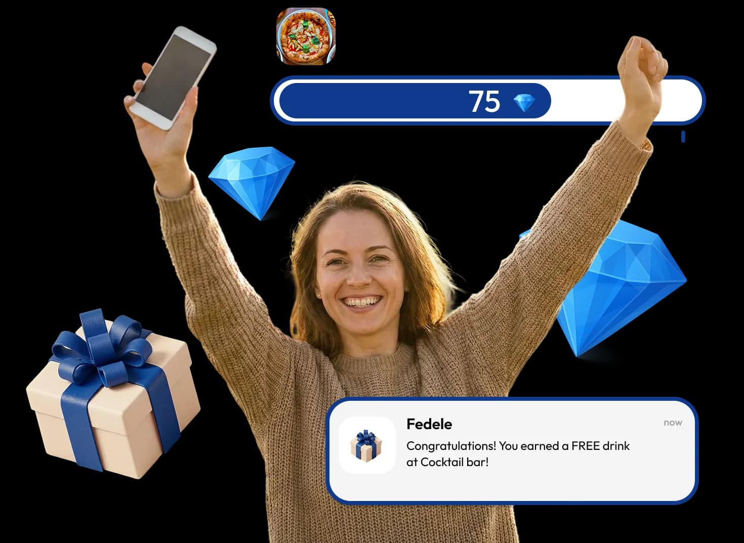 Fedele customer app interface showing rewards and loyalty features