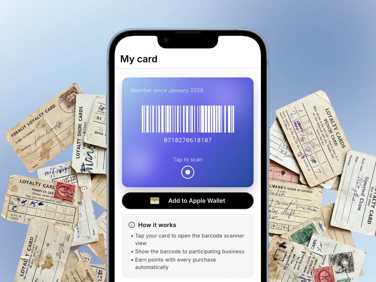 Fedele app showing customer points balance and purchase history